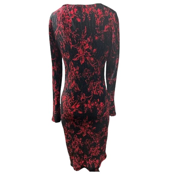 HD In Paris Black Gauzey Red Floral Print Bodycon Long Sleeve Dress Size Small - Picture 2 of 8